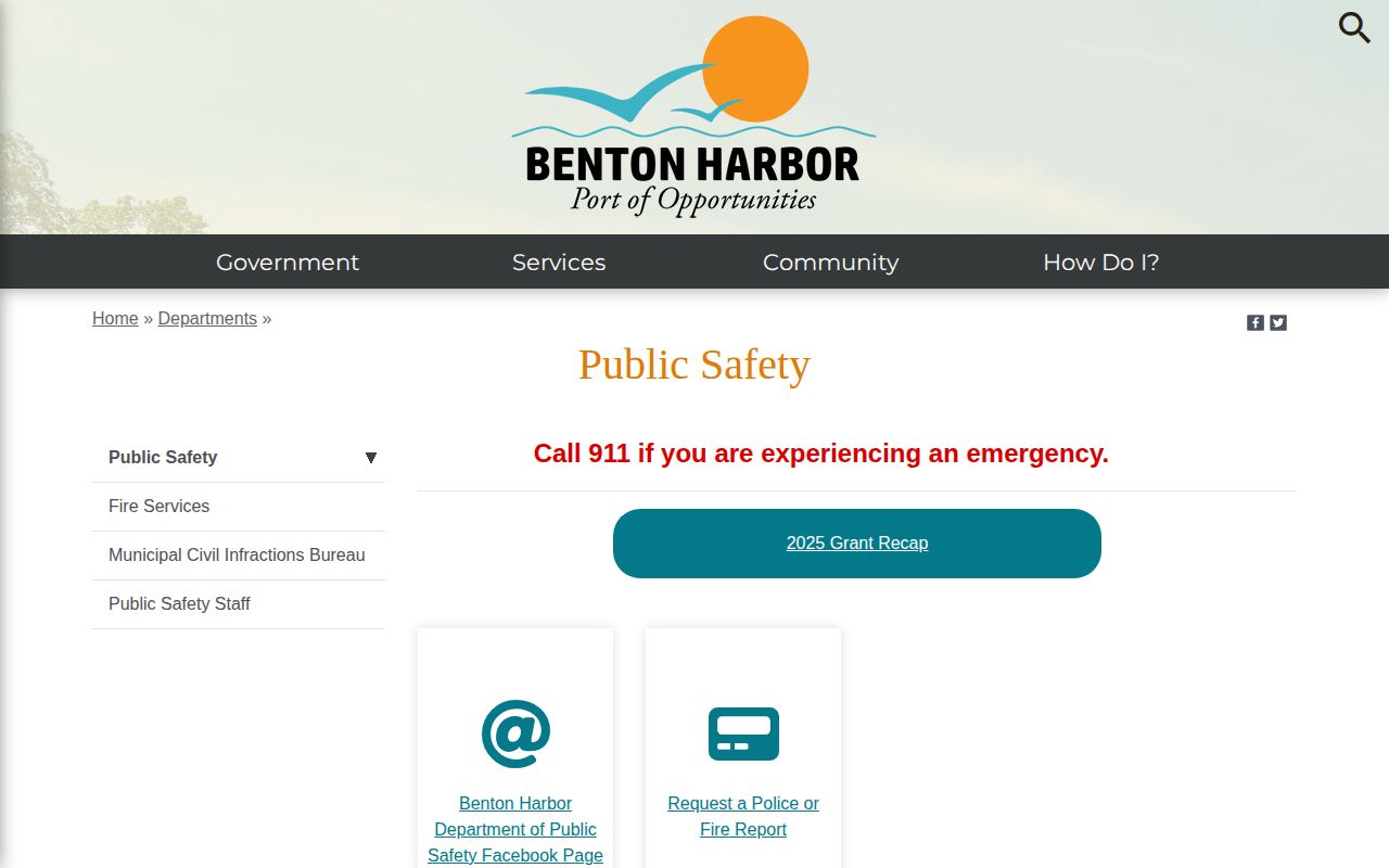 Benton Harbor Department of Public Safety contact and report request page